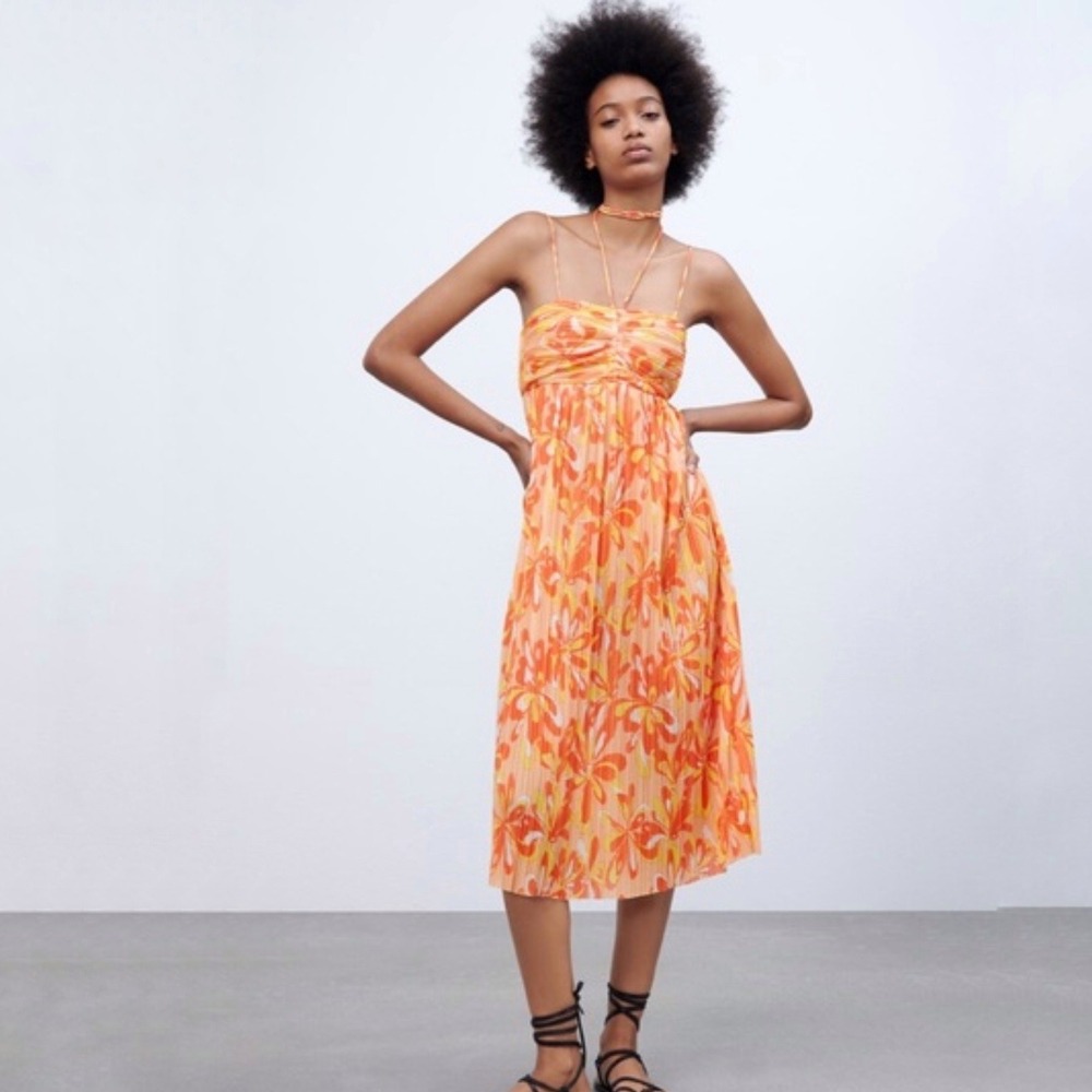 ZARA 70s Boho Floral Print Pleated Strappy Midi Dress Orange Yellow Women Size S